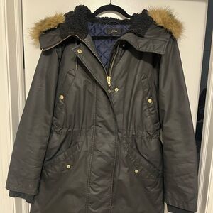 J. Crew Women's Black Winter Coat with Faux Fur Hood